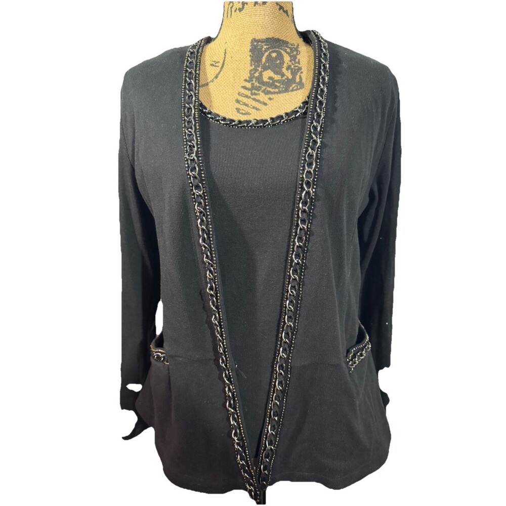 Rafaella Large Black Twin Set 2 Piece Sleeveless And Cardigan Chain And Bead